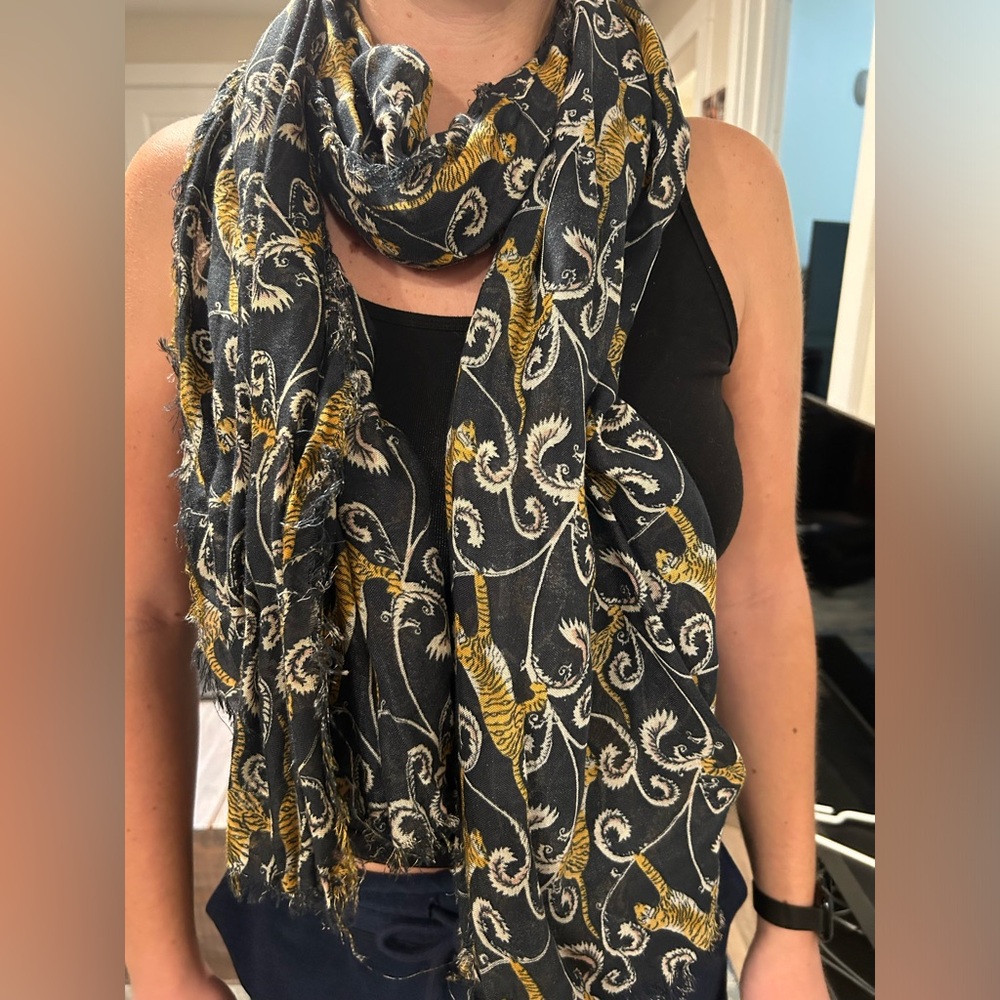 Navy blue printed scarf with tigers and floral pattern